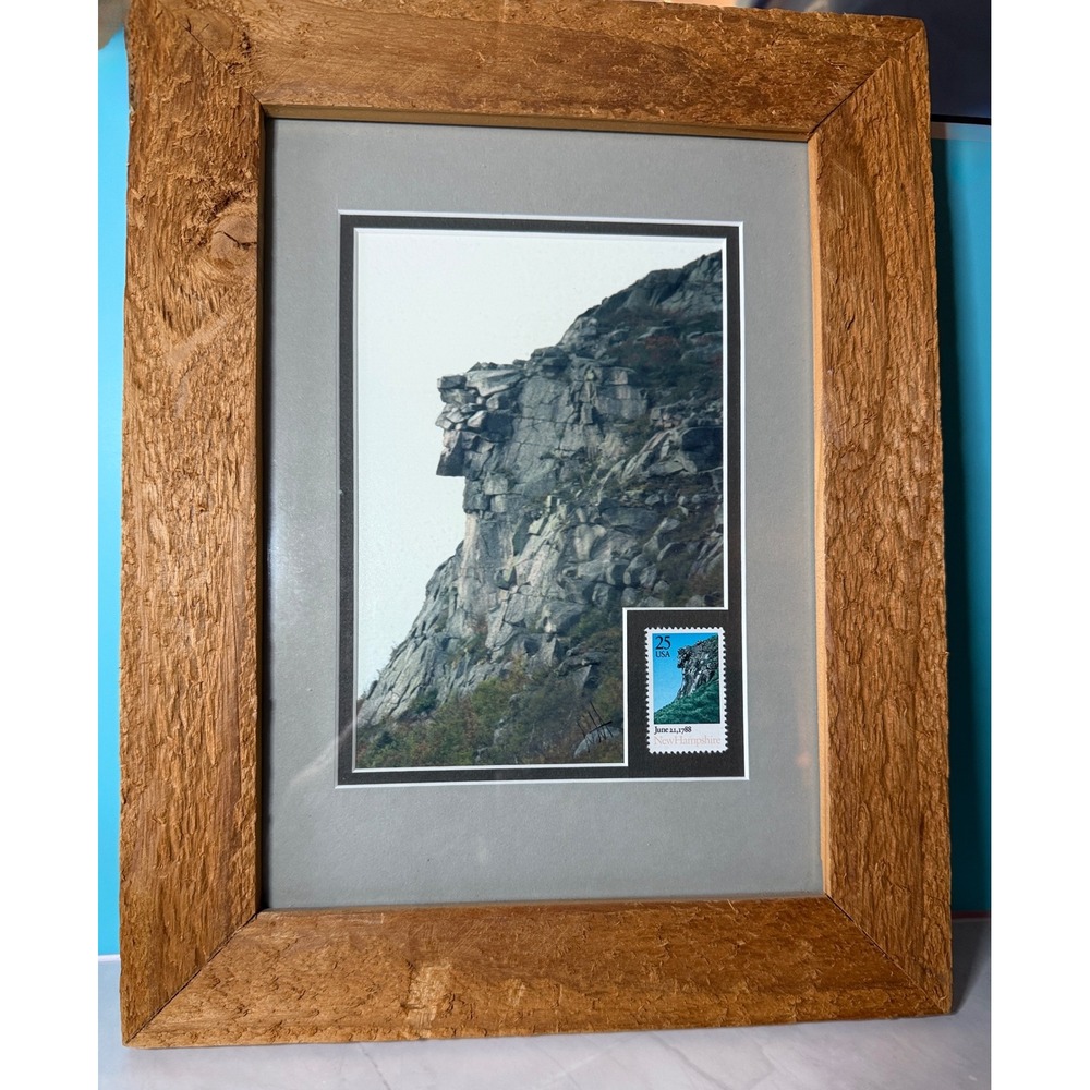 Vintage Old Man of the Mountain Framed Photo & 1988 NH Bicentennial Stamp"
